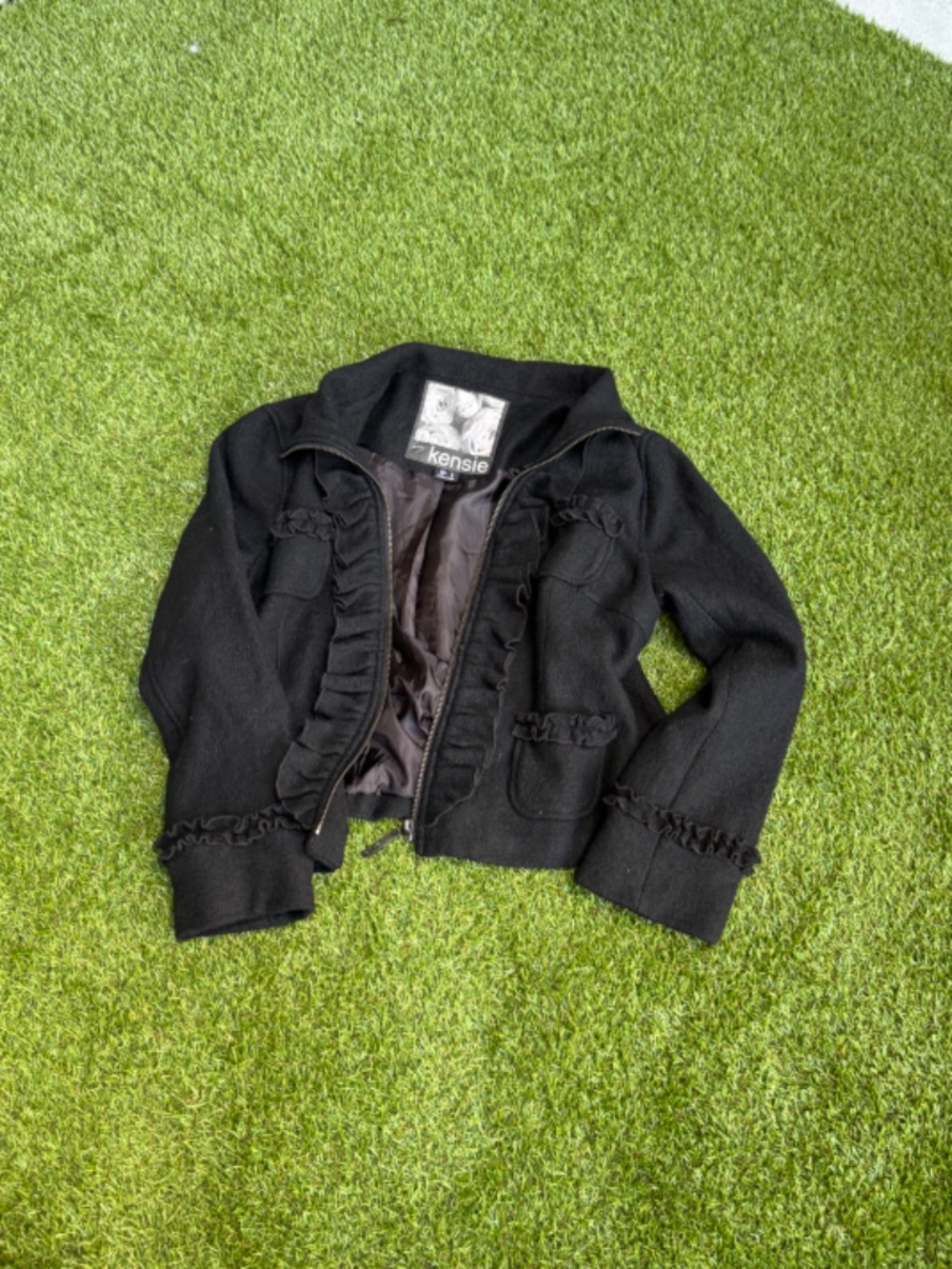 Kensie Black Ruffle Zip Jacket Women's Small Cropped Size L Tag - Picture 5 of 7
